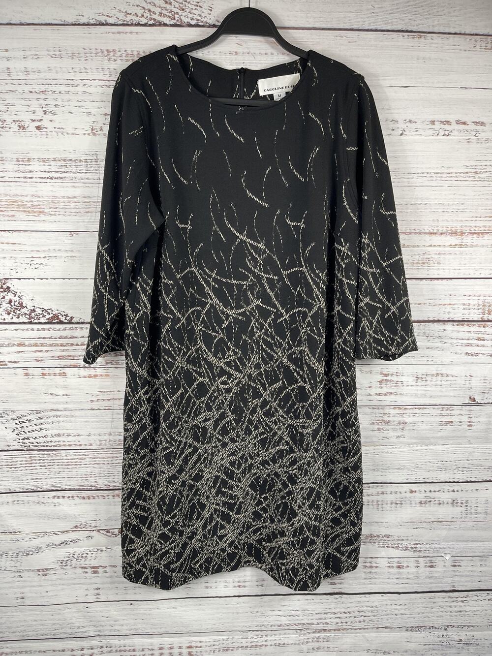 Caroline Rose Dress Women's Size Medium Black Metallic Abstract Shift Pockets
